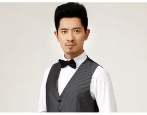 Men's slim fit suit vest with white shirt and black bow tie, classic formal business wear.