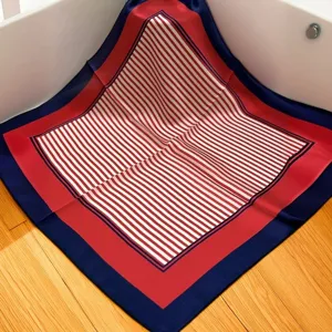 Elegant striped silk square scarf, classic red and blue design, perfect for neck or bag decor.