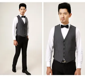 Close-up detail view of men's dark grey striped slim-fit suit vest for formal wear.