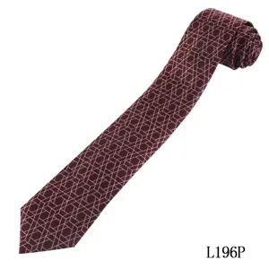 Close-up detail of a dark red men's necktie with elegant geometric printed pattern.