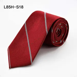 Close-up detail of the elegant red men's silk tie featuring unique chevron stripe patterns.