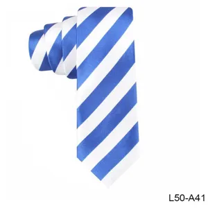 Close-up detail of a classic blue and white striped necktie, showing fine fabric texture.