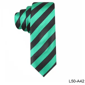 Close-up detail of a stylish green and black striped narrow necktie, elegant fabric texture.
