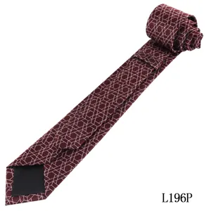 Close-up detail of men's geometric pattern tie, premium polyester fabric material.