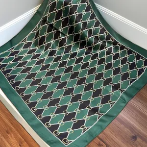 Green silk square scarf with geometric chain pattern, 55x55cm luxury style hair accessory.