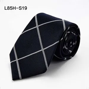 Classic navy blue men's business silk tie with elegant white grid pattern for formal wear.