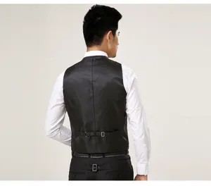 Men's slim fit suit waistcoat back view detail, classic business formal black vest.