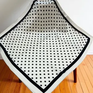 Classic black and white polka dot silk square scarf with elegant border for women spring.