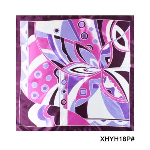 Detailed view of fashionable women square silk scarf with geometric abstract floral print in purple.