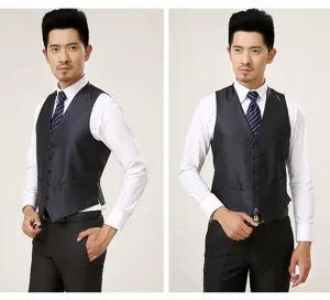 Detailed view of elegant men's slim fit formal suit vest worn with matching white shirt.