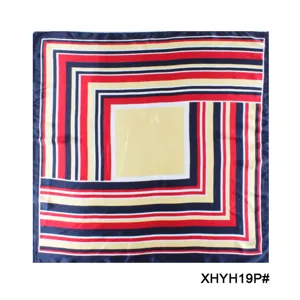 Detailed view of women geometric printed square scarf, stylish decorative silk scarf.