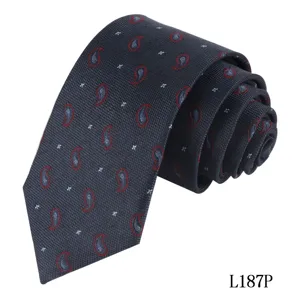 Men's dark blue paisley and floral patterned necktie, elegant business woven silk tie.