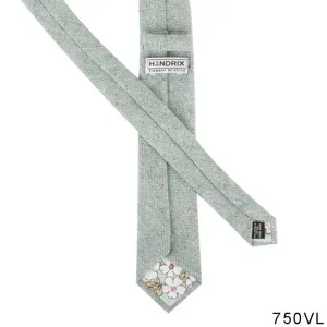 Men's casual linen-blend necktie back detail showing brand label and floral tipping.
