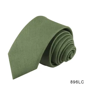 Solid color cotton linen men tie detail view, classic casual green necktie accessory