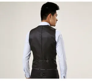 Men slim fit suit vest detail view, classic business casual formal waistcoat back.