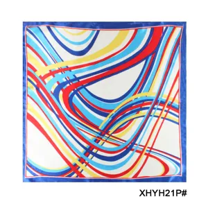 Detailed view of colorful abstract wave pattern silk square scarf, vibrant multi-color design.