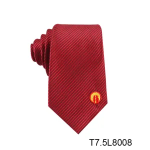 Detail view of a red jacquard polyester silk necktie with fine stripes and embroidered logo.