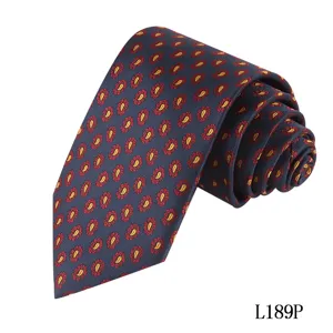 Men's classic paisley patterned necktie detailed view, elegant dark blue polyester silk fabric.