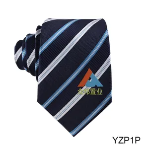 Navy blue striped jacquard polyester tie detail with custom corporate logo for business wear.