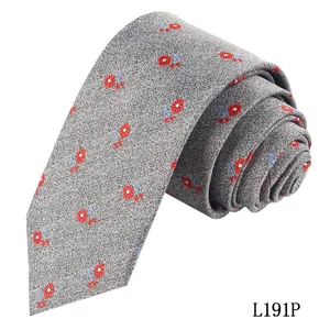 Men's grey floral printed necktie detailed view showing intricate red daisy pattern and texture.