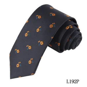 Men's dark blue floral polyester necktie with orange daisy print for business formal wear.