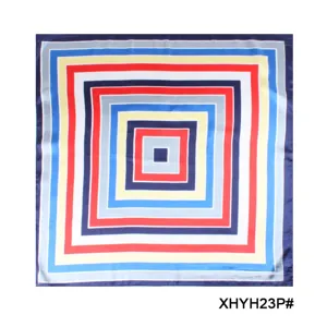 Detailed view of women geometric square silk scarf, stylish colorful striped print accessory.