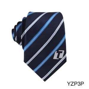 Classic navy blue striped men necktie with elegant jacquard fabric for business wear.