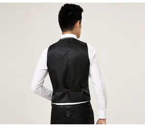 Men's slim fit business suit vest back view detail showcasing adjustable back buckle and tailoring.