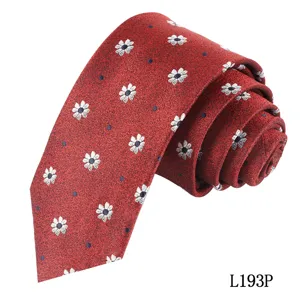Men's red necktie featuring a stylish white daisy floral and blue dot pattern, perfect for business.