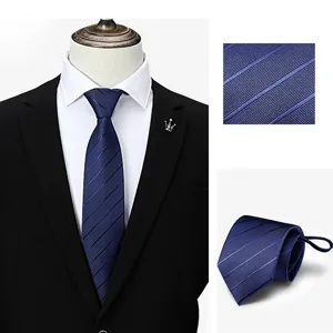 Men's business zipper tie pre-tied necktie navy blue striped professional wear