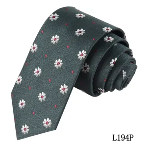 Dark green men's necktie with white daisy and red dot print, elegant vintage detail view.