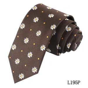 Brown men's necktie featuring white daisy floral pattern and yellow dot design for formal wear.