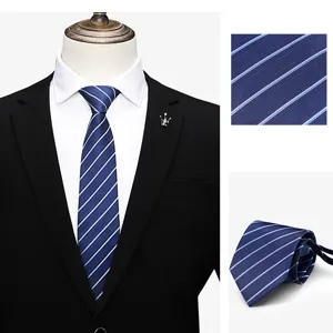 Blue striped men business necktie fabric detail and folded tie closeup view display.