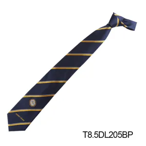 Detailed view of dark blue woven silk tie featuring yellow diagonal stripes and emblem.