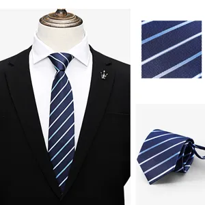 Closeup detail of blue striped mens business tie with fine diagonal weave texture and style.