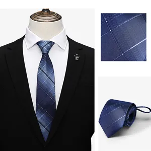 Detail view of the blue plaid men's necktie showing fabric texture and pre-tied zipper design.