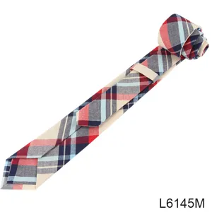 Men's narrow plaid cotton necktie, classic college style tartan design for business or casual wear.