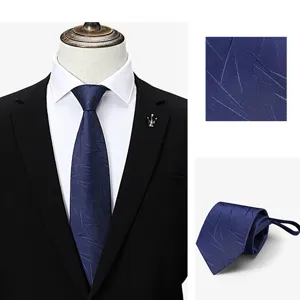 Blue abstract pattern pre-tied zipper necktie detail view for professional business style.