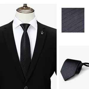 Black business zipper lazy necktie detail view, premium textured fabric for men formal wear.