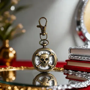 Vintage retro bronze skull pocket watch keychain quartz watch portable mini timepiece