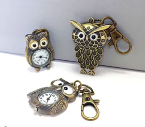 Antique bronze owl pocket watch keychain vintage quartz hanging watch creative gift for all