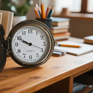 Vintage style quartz pocket watch detail showing clear dial numbers and retro metal case on desk