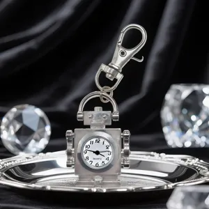 Silver robot quartz pocket watch keychain, cute vintage hanging charm for kids and accessories.