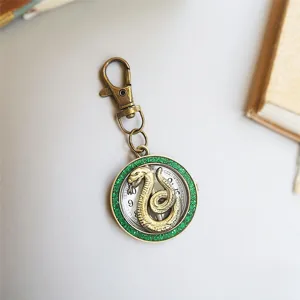 Vintage bronze snake pocket watch keychain, green glitter quartz watch pendant charm.