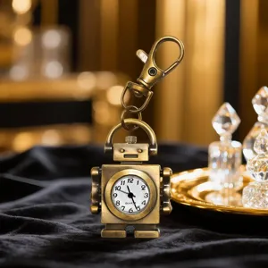 Close-up detail of vintage bronze robot pocket watch keychain with quartz movement and clasp.