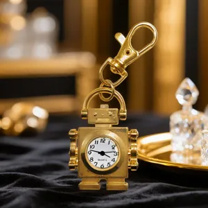 Vintage gold robot quartz pocket watch keychain, cute fashion pendant accessory for kids adults.
