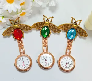 Wholesale alloy bee nurse pocket watch with colorful crystal quartz movement and brooch pin