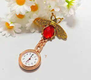 Vintage Alloy Bee Nurse Pocket Watch with Red Crystal Rhinestone for Medical Students