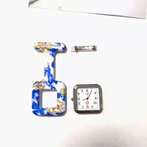 Square printed silicone nurse watch with brooch pin, quartz pocket watch for medical staff.