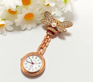 Cute bee nurse watch with rhinestones and pearl alloy quartz pocket watch for medical staff.